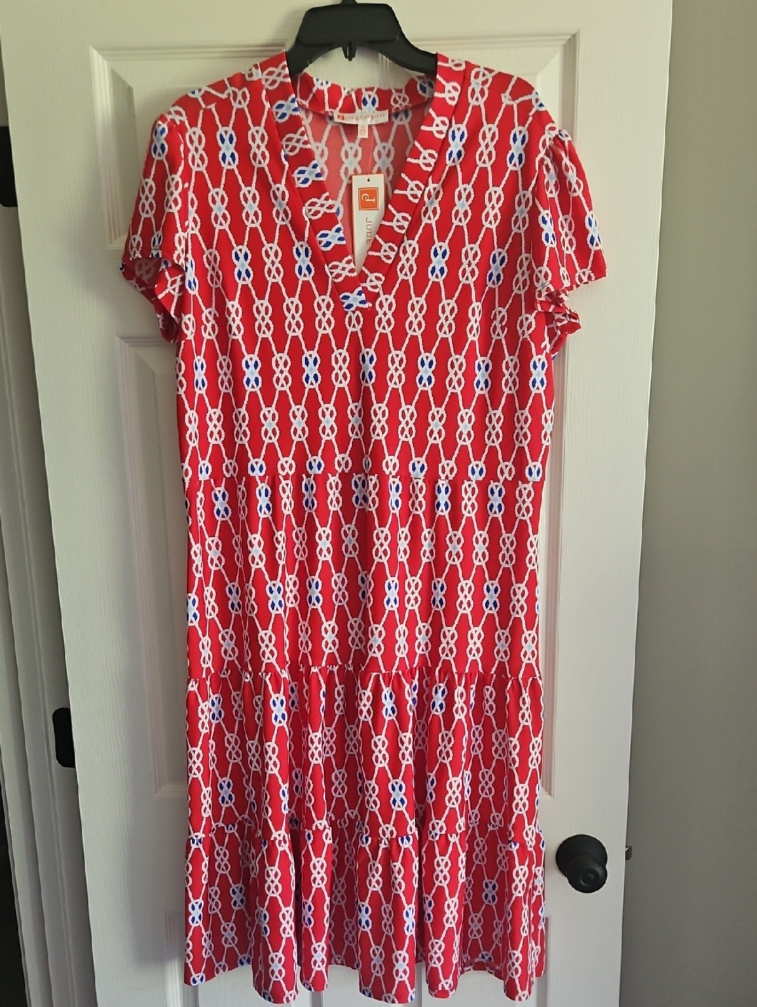 Jude Connally V-Neck Puffed Short Sleeve Tiered Midi Dress: Sailors Knot Red: Xl